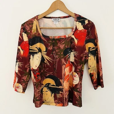 Top Espresso De Colección Años 90 y2k Giesha Niña Estampado Rave Festival Talla L Foto 1 de 3