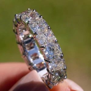 4MM Princess Cut Moissanite Eternity Ring Matching Wedding Band 14k Gold Plated - Picture 1 of 10