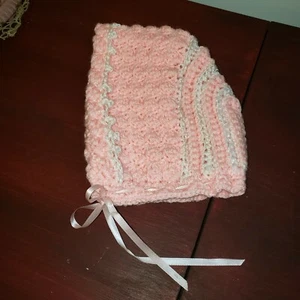 Hand Knitted Baby Bonnet Pink w/White Satin Trim combed cotton baby bonnet - Picture 1 of 8