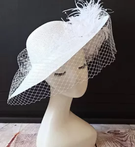 Handmade Feather Fascinator Derby Hat White Color Wedding Hat With Birdcage Veil - Picture 1 of 6