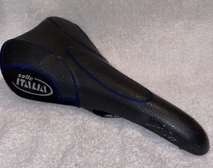 Selle Italia XO Genuine Gel Bike Saddle Black Blue Leather FeC Alloy Vintage - Picture 1 of 9