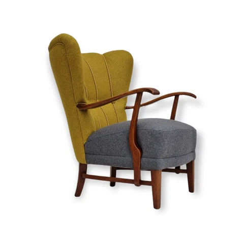 50s, refurbished Danish relax armchair, furniture wool fabric, oak Cover