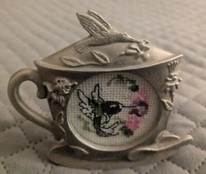 Vintage Miniature Hummingbird Cross Stitch In Pewter Frame - Picture 1 of 8