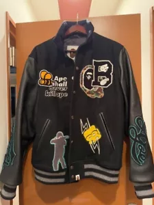 A Bathing Ape Stadium Jacket Leather Sleeves Black Men's Size L Used Japan - Picture 1 of 8