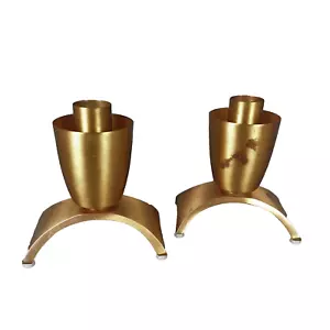 Vintage Pair Solid Brass Candle Holders Art Deco Heavy - Picture 1 of 9