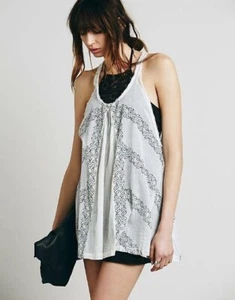 Free People FP Kaia One Printed Crochet Tunic Tank Top Ivory Black XS New 281832 - Picture 1 of 5