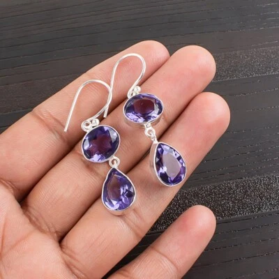 Dainty Iolite Gemstone Hook Earrings 925 Sterling Silver Handmade Jewelry Gifts - Image 1 of 4