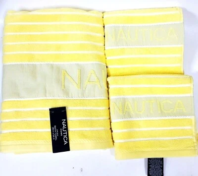 NUEVO 3 PIEZAS NAUTICA SURF DRIVE AMARILLO GRIS RAYAS ALGODÓN BAÑO, TOALLA DE MANO, PAÑO Foto 1 de 4