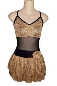 Into The Fire GOLD Adult Small Dance Costume Lace & Black Mesh Ballet Tap Dress - Picture 1 of 7