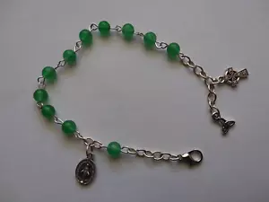 Bracelet chapelet jade vert perles crucifix celtique irlandais médaille miraculeuse - Photo 1/5