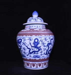 Ming Dynasty Jiajing blue and white glazed jar with red dragon pattern lid - Picture 1 of 10