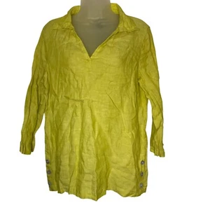 Tahari Womens Linen Tunic Blouse Lime Green V-Neck 3/4 Sleeve Buttoned Side US L - Picture 1 of 7