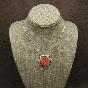 Sterling Silver Heart-Shaped Spiny Oyster Stone Necklace by Jose Campos+ - Picture 1 of 6