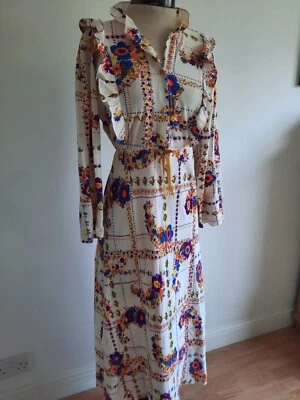 Vintage 60s 70s Orange Blue Floral Pattern Retro Maxi Dress Size 10-12 Collar Mc - Image 1 of 4