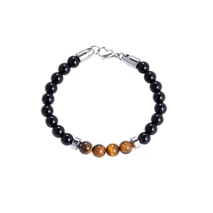 Men's Genuine 8mm Yellow Tiger Eye Onyx Stainless Steel Beaded Bracelet 8.5'' - Picture 1 of 5