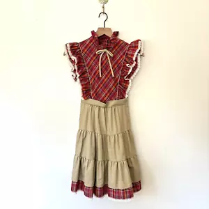 Vintage Union Made Full Tiered Plaid Ruffle Apron Dress Girls 12 Neck Tie Lace - Picture 1 of 19