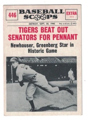 1961 Nu-Card Baseball Scoops #446, Tigers Beat Out Senators for Pennant, EX - Image 1 of 2