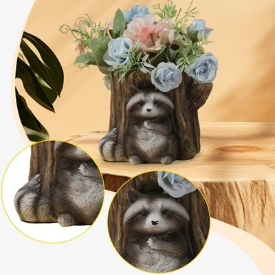 Estatua de mapache y tocón maceta maceta escultura de resina para el hogar Foto 1 de 4