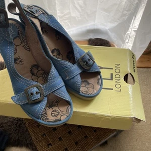 FLY LONDON PAROL BLUE LEATHER PLATFORM WEDGE SLINGBACK SANDALS UK 6 EU39 RRP £85 - Picture 1 of 17