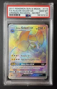 PSA 10 ALOLAN GOLEM GX SECRET 113 CRIMSON INVASION SUN MOON FULL ART POKEMON - Picture 1 of 2