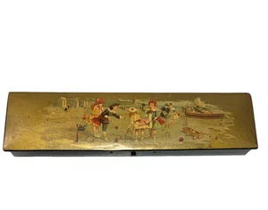 VINTAGE HOLZ STIFTEBOX, VIKTORIANISCHE KINDER SPIELEN KROCKET AM STRAND - Bild 1 von 7