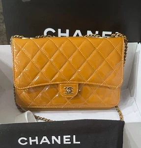 CHANEL CC Classic Patent Flap Wallet on a Chain (Gold) Shoulder Crossbody - Picture 1 of 7