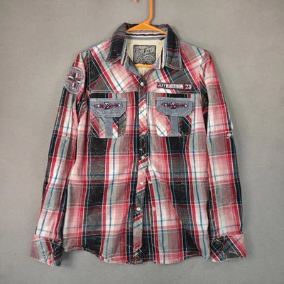 Affliction Black Premium Shirt Mens Medium Red Plaid Western Snap Embroidered - Image 1 of 4