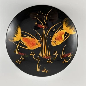 Gold Koi Fisch Schmuckkästchen Schwarz Lack Porzellan Rund Vintage mit Deckel - Bild 1 von 11