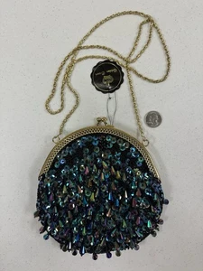 Bolso de Noche Corona Dorada Vintage Cuentas Iridiscentes y Lentejuelas Bolso de Mano Cartera - Imagen 1 de 10