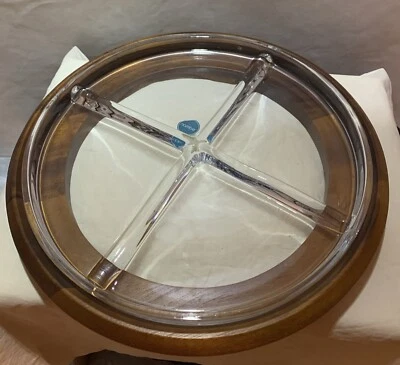 Nambe Acacia Wood Base, Glass, Four Section Serving Tray. New W/ Tags - Image 1 of 4
