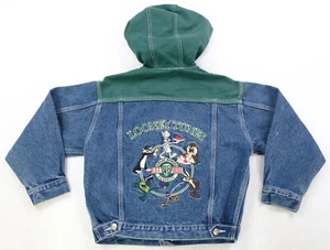 Rare VTG ACME KIDS Looney Tunes Bugs Bunny Taz Denim Jean Hoodie Jacket 90s SZ M - Picture 1 of 12
