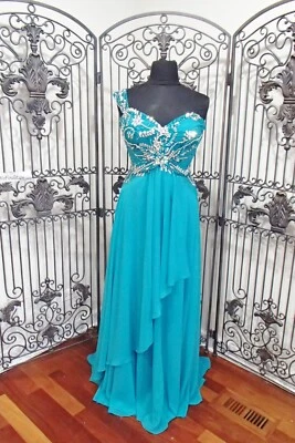 VESTIDO FORMAL DE GRADUACIÓN CON CUENTAS G1352 RACHEL ALLAN 7018 VERDE AZULADO $399 TALLA 20 Foto 1 de 4