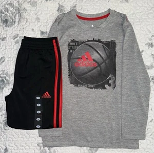 Boys Adidas Gray/Black/Red Basketball Long Sleeve Tee & Black/Red Pants Sz/ 6 - Picture 1 of 10