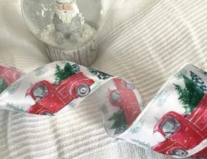 Christmas PICK UP TRUCK Holiday Fir tree snow - Luxury Wire Edge Ribbon 63mm - Picture 1 of 5