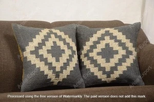 (2 Pcs Set) Hand Woven Indian Kelim Cushion  Boho Ethnic Shams Jute Pillow Cases - Picture 1 of 6