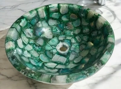 24" Green Round Agate Stone Sink Wash Basin Counter Top Sink Natural Stone Decor - Image 1 of 4