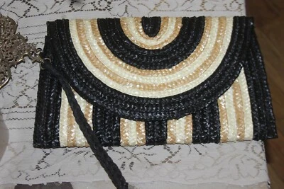  Bolso sin asas de paja a rayas para pastel de barro bolso muñequera negro tostado natural   Foto 1 de 4