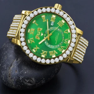 Real Diamond Gold GP Emerald Green Roman Solitaire Dial Custom Band Bezel Watch - Picture 1 of 6