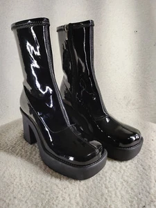 Nine West Gerri3 Women Boots 6.5 Black Patent Leather Zip Up Block Heel Chunky - Picture 1 of 21