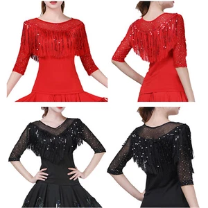 Women V Neck Mesh Fringed Sequin Bustline Latin Ballroom Dancing Costumes Tops - Picture 1 of 11