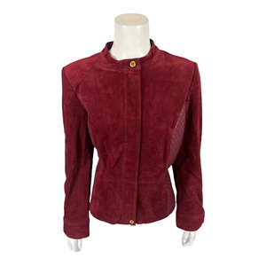 Isaac Mizrahi Womens Suede Jacket w/ Lamb Leather Quilted Details Burgundy 12 Sz - Picture 1 of 2