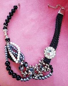 necklace choker crystal righstones pearl beads silver tone excellent condition - Picture 1 of 9