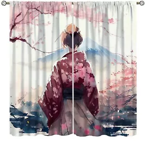 Japanese Geisha Window Curtains Cherry Blossom Blooming Mount Fuji Natural La... - Picture 1 of 8