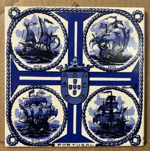 Antiguo arte cerámico portugués azulejo escudo de armas e historia marítima velero - Imagen 1 de 18