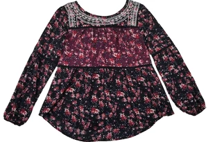 Knox Rose Top Womens Small Floral Roses Long Sleeve Lace Up Tassels Boho Peasant - Picture 1 of 11