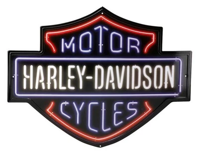Letrero de hojalata en relieve Harley-Davidson, logotipo de barra y escudo de luces de neón, 19,75 x 15 Foto 1 de 2