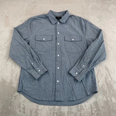 VINCE Railroad Stripe Cotton Shirt Men Large Grey Multi Double Patch Pocket NWOT - Image 1 of 4