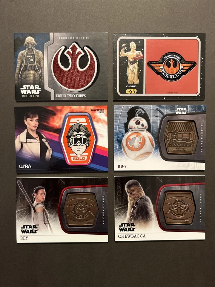 Topps Star Wars Medallion Patch Lot Rey Qi’ra Chewbacca BB-8 C-3PO Solo Rogue - Image 1 of 4