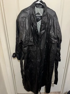 J Walden Men's Leather Jacket Black Size 50 Long Duster Button Up & Belt - Picture 1 of 2