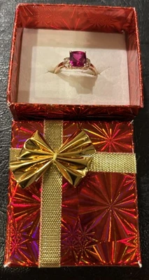 Pretty Simulated Ruby & White Sapphire 14kt Gold Ring Simple Design Size 7 - Image 1 of 3